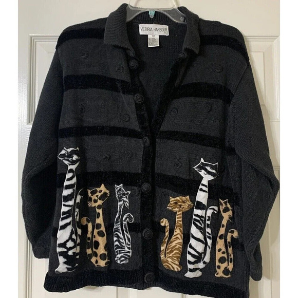 Vintage Victoria Harbour Cat Themed Cardigan Sweater Size S (Q4) - Picture 1 of 6